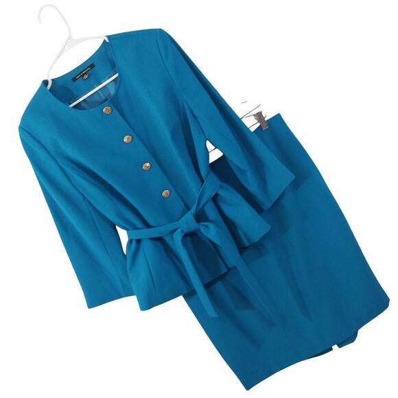 NWOT! ZAC & RACHEL! TURQUOISE BLUE BELTED WAIST 2 PC JACKET & SKIRT SUIT! SZ 14 - Picture 11 of 11